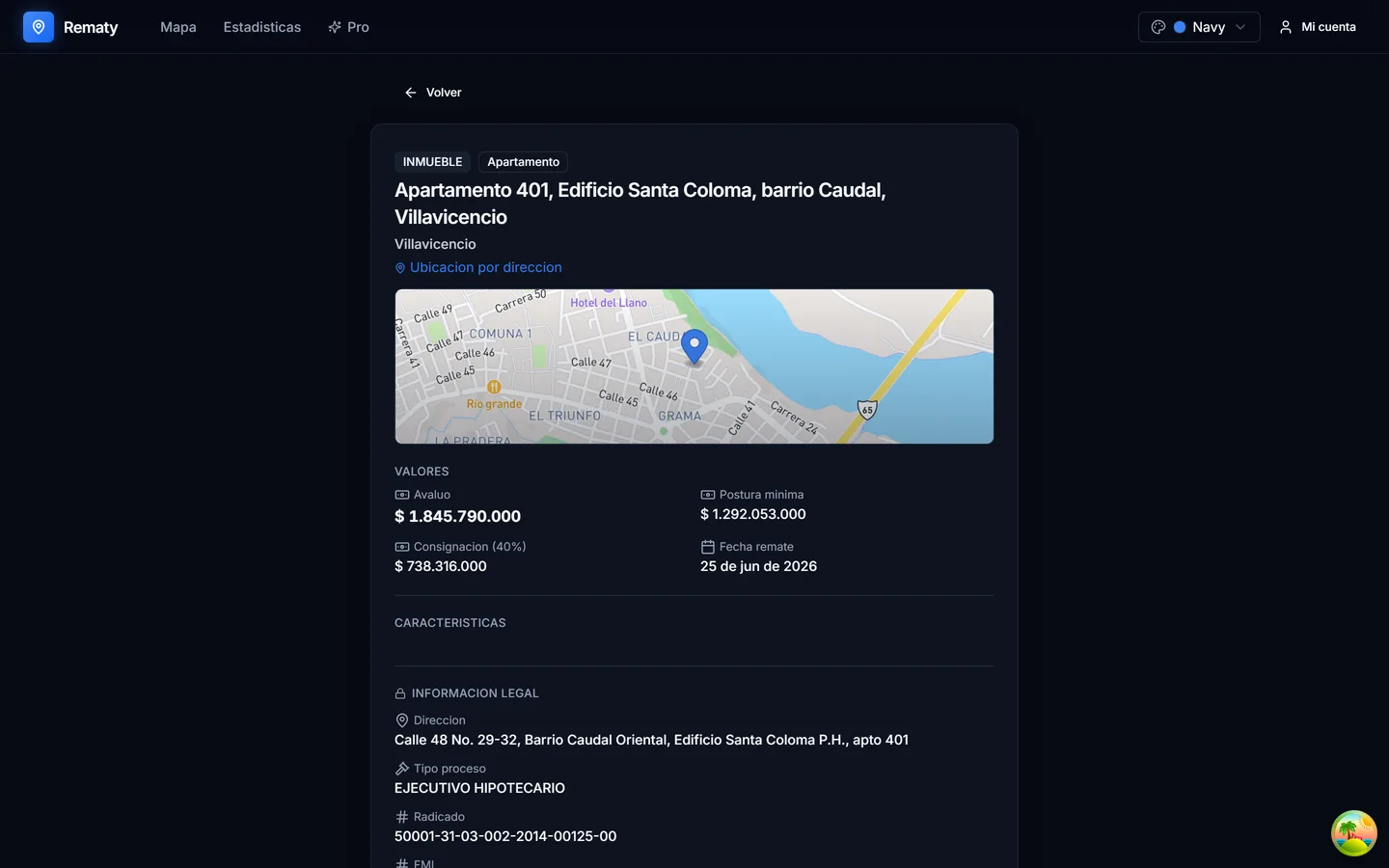 Detalle de un remate geolocalizado con sus valores en Rematy.